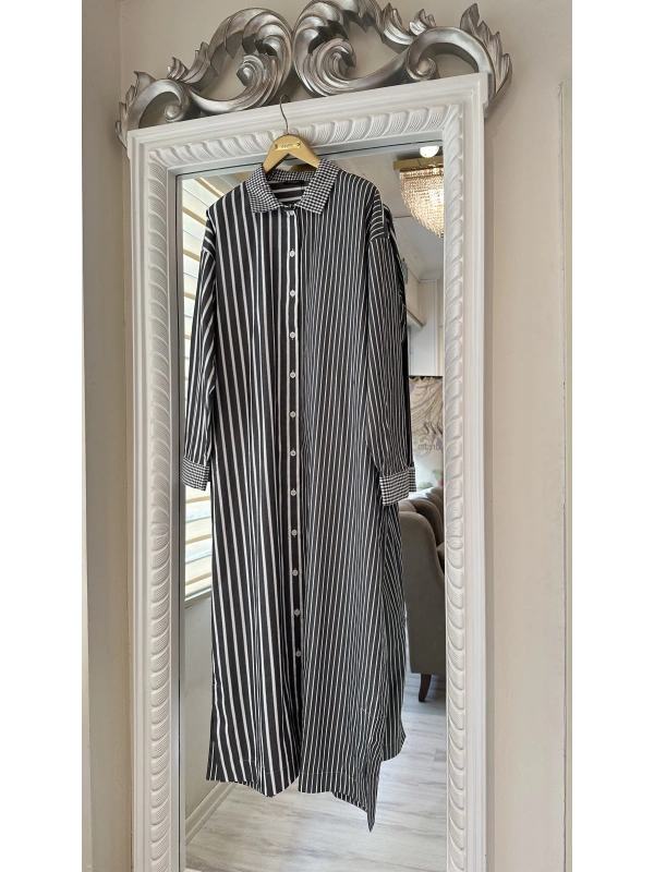 İNVEE Çizgili Uzun Gömlek - Siyah