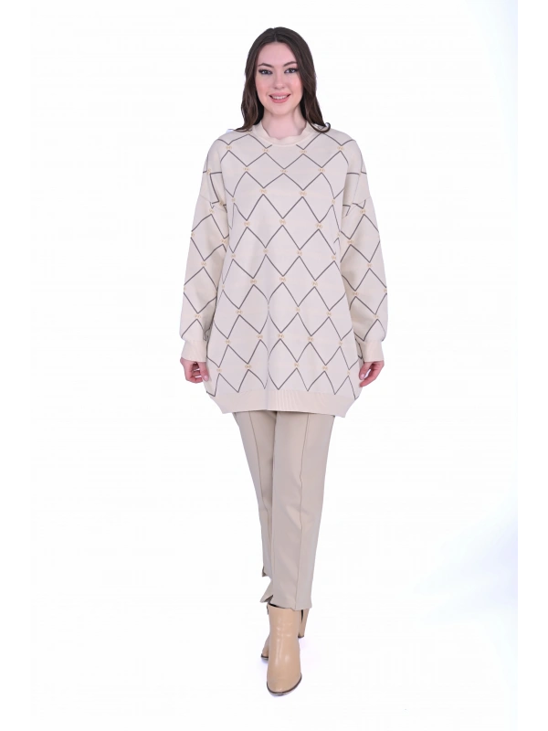 İNVEE 7091 Desenli Triko Tunik - Ekru