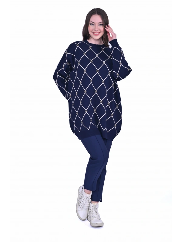 İNVEE 7091 Desenli Triko Tunik - Lacivert