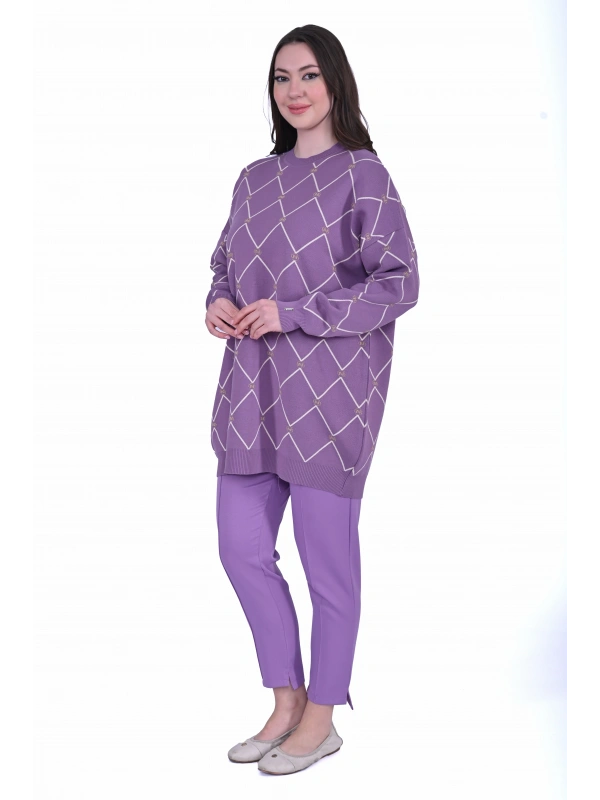 İNVEE 7091 Desenli Triko Tunik - Mor