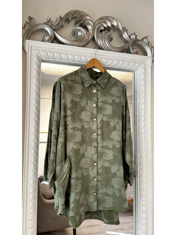 İNVEE Çiçek Desenli Lyocell Gömlek - Haki