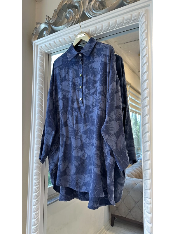İNVEE Çiçek Desenli Lyocell Gömlek - Lacivert
