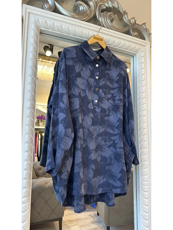 İNVEE Çiçek Desenli Lyocell Gömlek - Lacivert