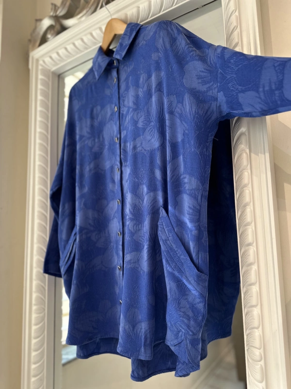 İNVEE Çiçek Desenli Lyocell Gömlek - Sax