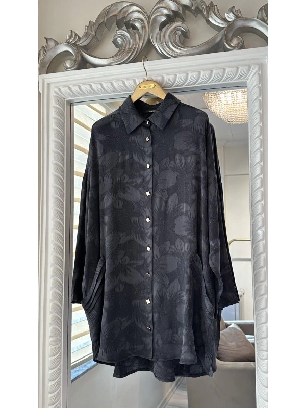 İNVEE Çiçek Desenli Lyocell Gömlek - Siyah
