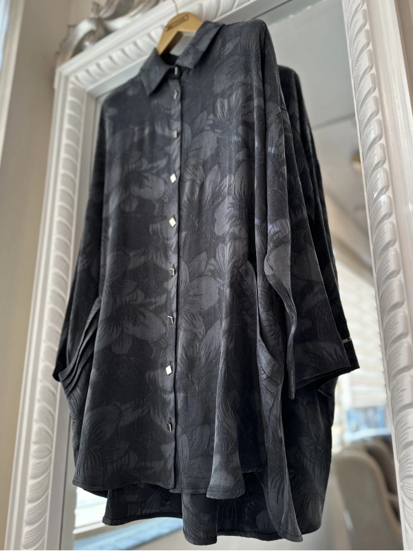 İNVEE Çiçek Desenli Lyocell Gömlek - Siyah