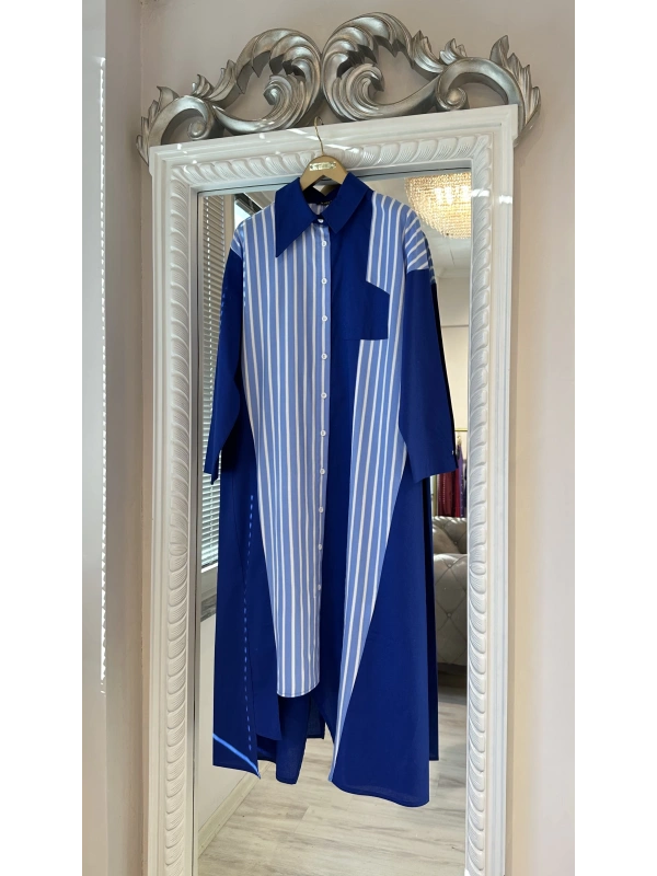 İNVEE 7158 Cep Detaylı Uzun Gömlek - Lacivert