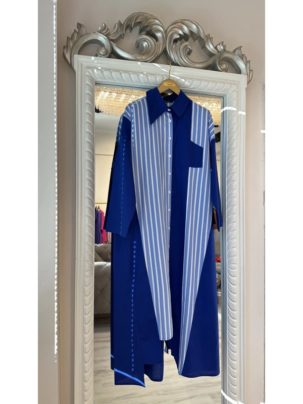 İNVEE 7158 Cep Detaylı Uzun Gömlek - Lacivert