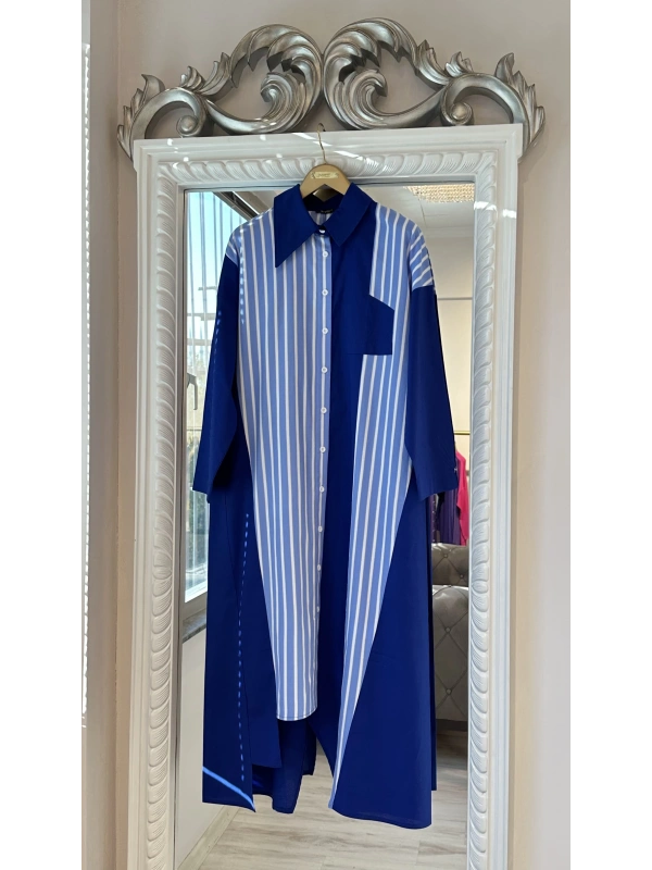 İNVEE 7158 Cep Detaylı Uzun Gömlek - Lacivert