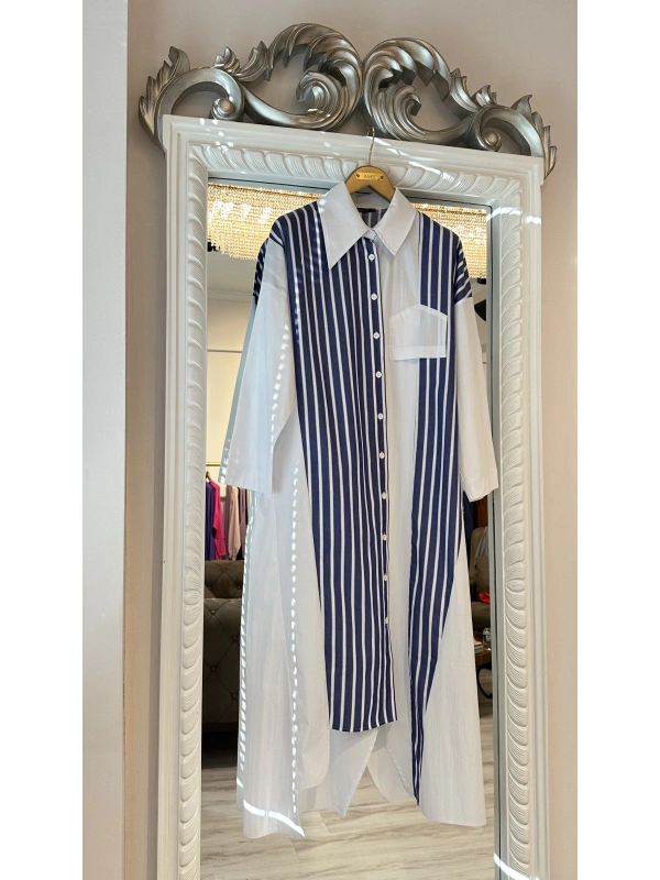 İNVEE 7158 Cep Detaylı Uzun Gömlek - Beyaz