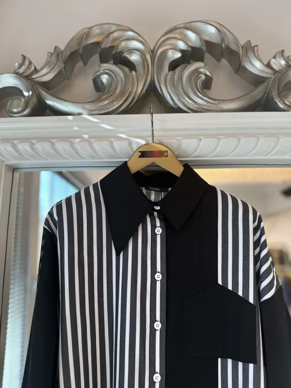 İNVEE 7158 Cep Detaylı Uzun Gömlek - Siyah