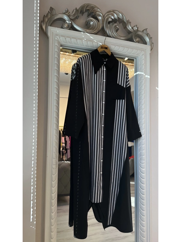 İNVEE 7158 Cep Detaylı Uzun Gömlek - Siyah