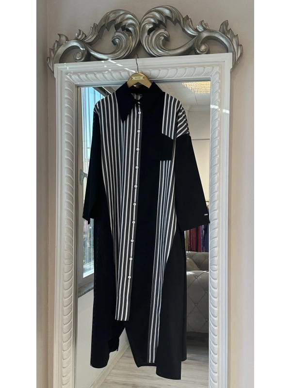 İNVEE 7158 Cep Detaylı Uzun Gömlek - Siyah