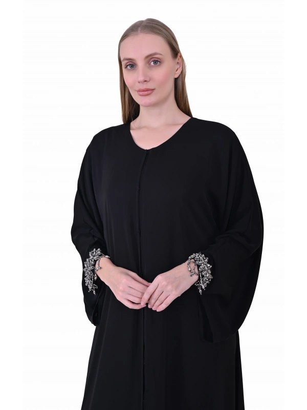 İNVEE 6996 Taş Detaylı Siyah Ferace