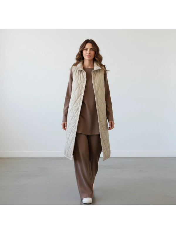 İNVEE Baklava Desenli Kapitone Yelek - Vanilya