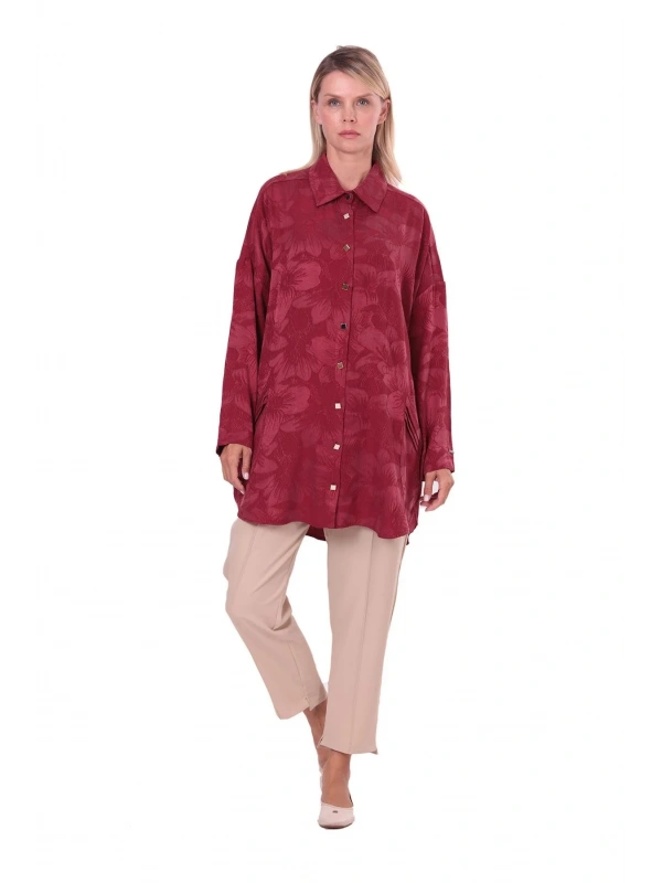 İNVEE Çiçek Desenli Lyocell Gömlek - Bordo