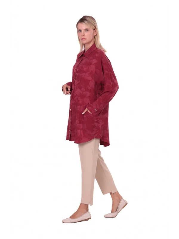 İNVEE Çiçek Desenli Lyocell Gömlek - Bordo