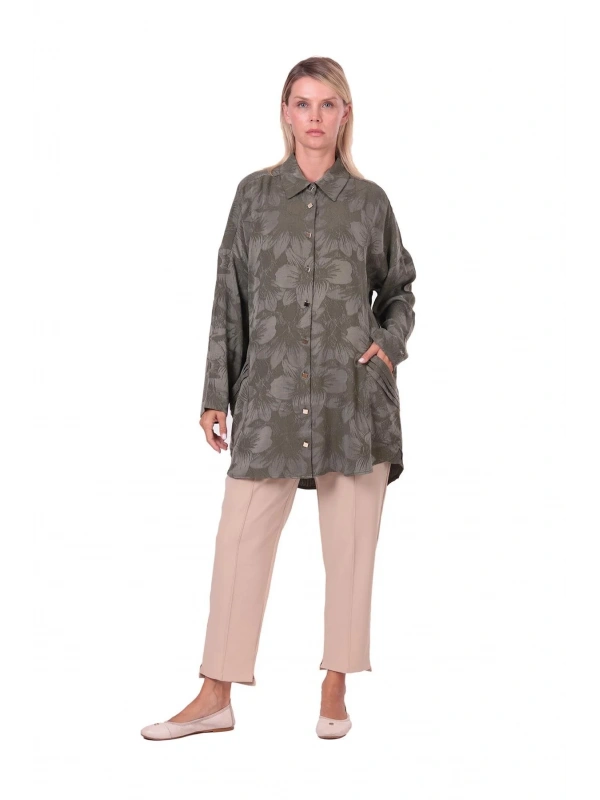 İNVEE Çiçek Desenli Lyocell Gömlek - Haki