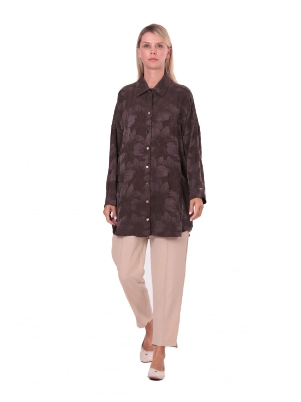 İNVEE Çiçek Desenli Lyocell Gömlek - Kahverengi