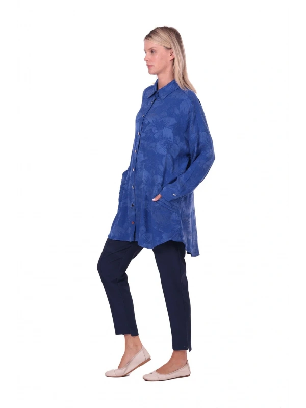 İNVEE Çiçek Desenli Lyocell Gömlek - Sax