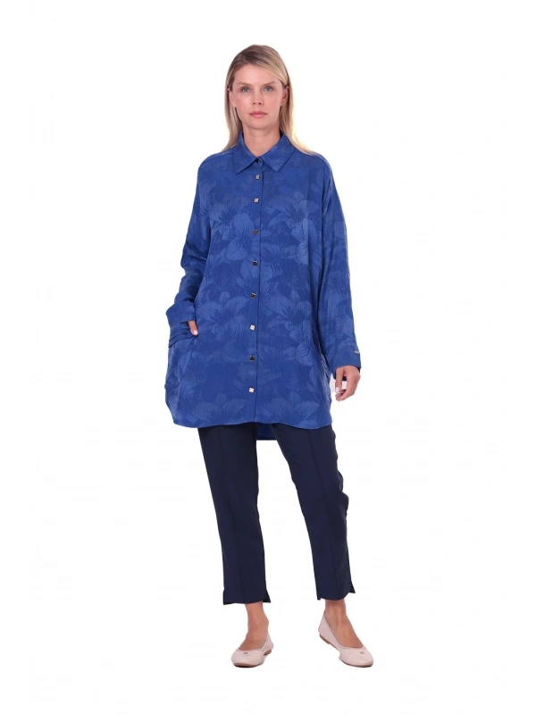 İNVEE Çiçek Desenli Lyocell Gömlek - Sax