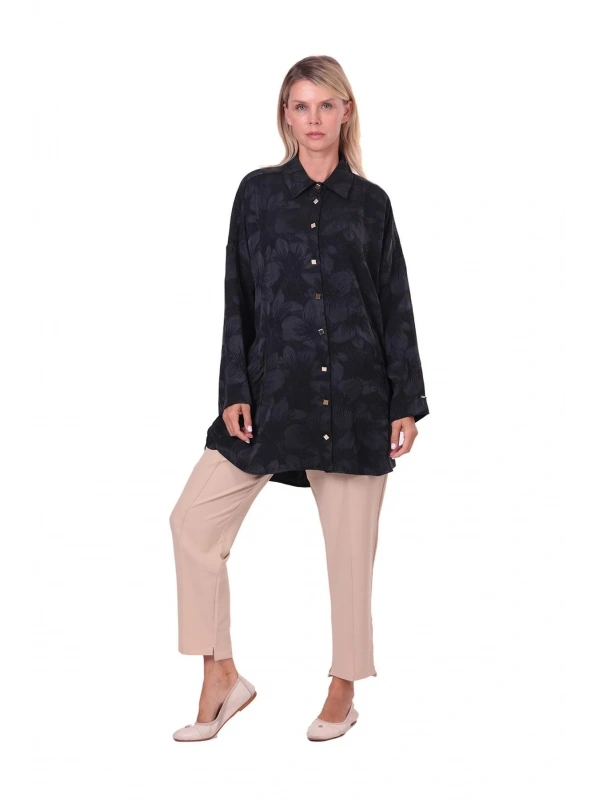 İNVEE Çiçek Desenli Lyocell Gömlek - Siyah