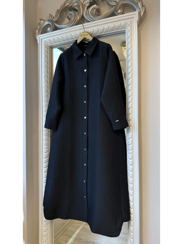 İNVEE Çıtçıt Kapamalı Desenli Kapitone Pardesü - Siyah