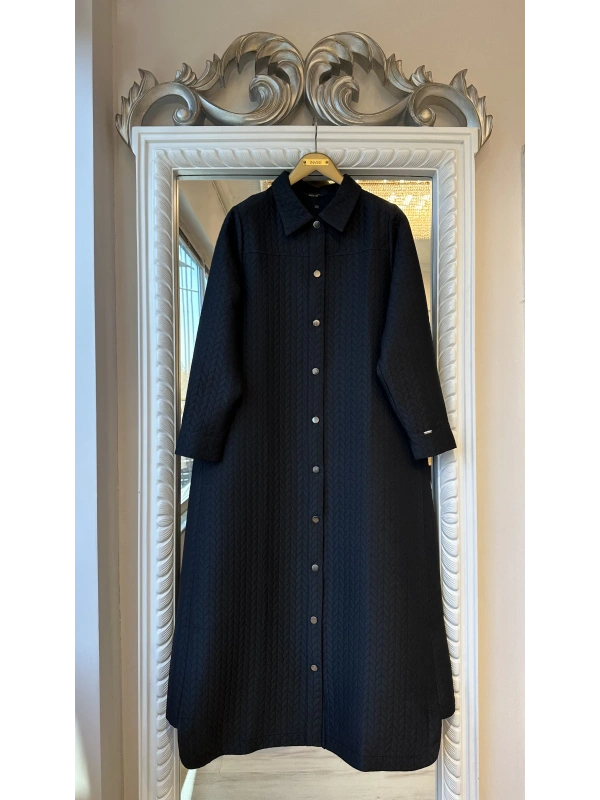 İNVEE Çıtçıt Kapamalı Desenli Kapitone Pardesü - Siyah