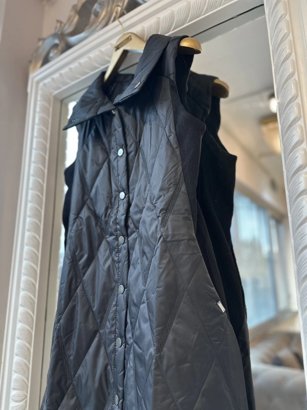 İNVEE Çıtçıt Kapamalı Uzun Kapitone Yelek - Baklava Desenli