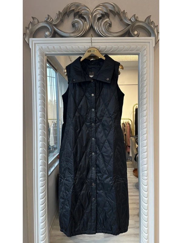 İNVEE Çıtçıt Kapamalı Uzun Kapitone Yelek - Baklava Desenli