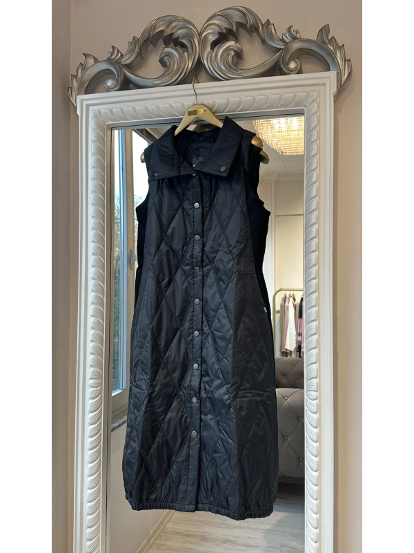 İNVEE Çıtçıt Kapamalı Uzun Kapitone Yelek - Baklava Desenli