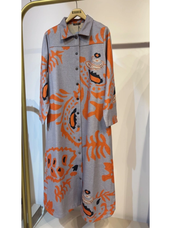 İNVEE Desenli Çıtçıt Kapamalı Mevsimilik Uzun Pardesü