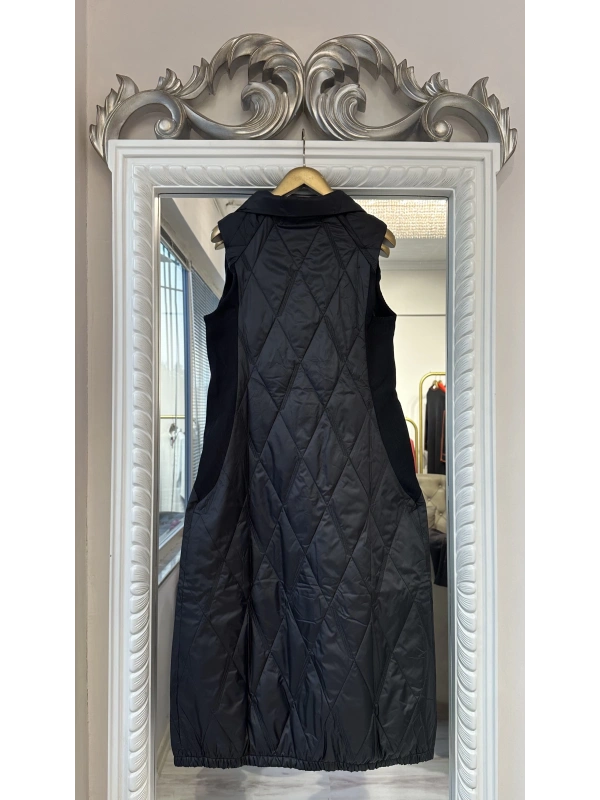 İNVEE Çıtçıt Kapamalı Uzun Kapitone Yelek - Baklava Desenli