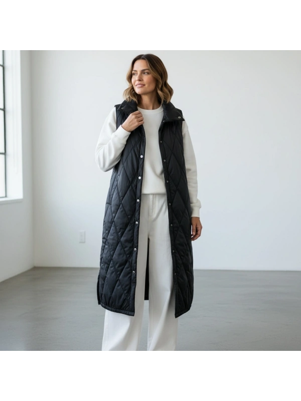 İNVEE Çıtçıt Kapamalı Uzun Kapitone Yelek - Baklava Desenli