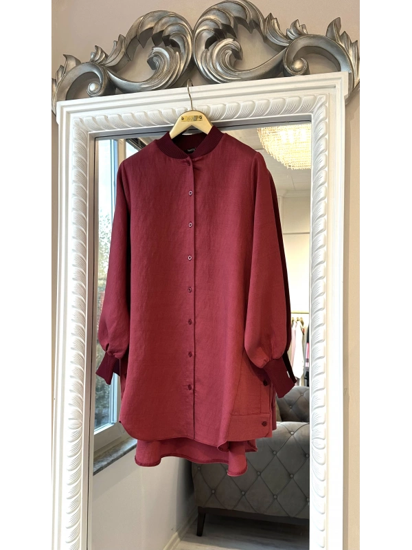 İNVEE Düğme Detaylı Geniş Gömlek - Bordo
