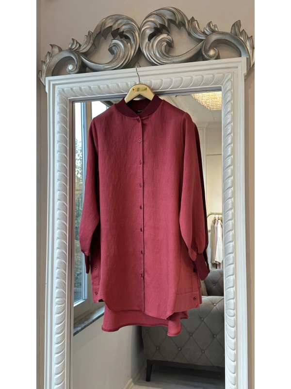 İNVEE Düğme Detaylı Geniş Gömlek - Bordo