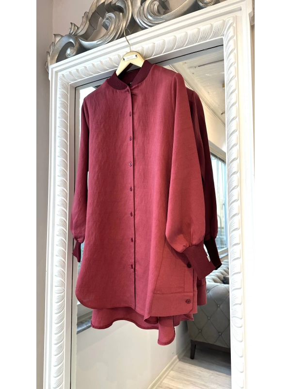 İNVEE Düğme Detaylı Geniş Gömlek - Bordo