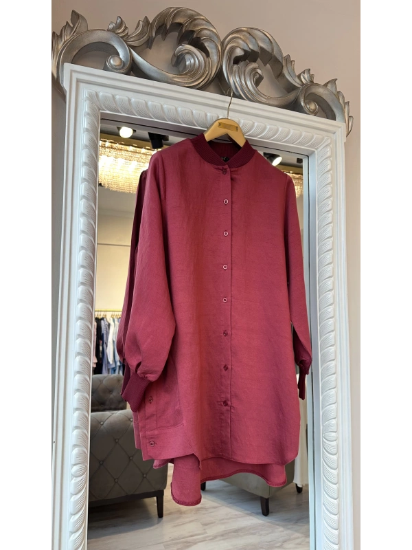 İNVEE Düğme Detaylı Geniş Gömlek - Bordo