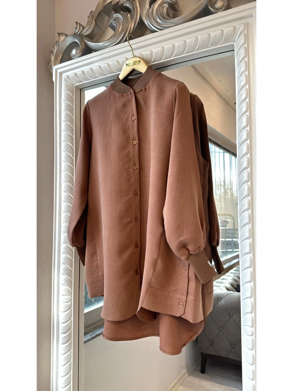 İNVEE Düğme Detaylı Geniş Gömlek - Tarçın