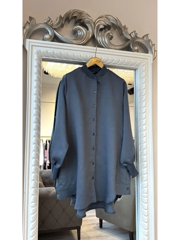 İNVEE Düğme Detaylı Geniş Gömlek - Füme