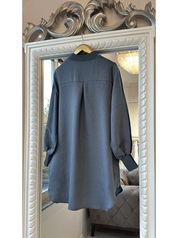 İNVEE Düğme Detaylı Geniş Gömlek - Füme