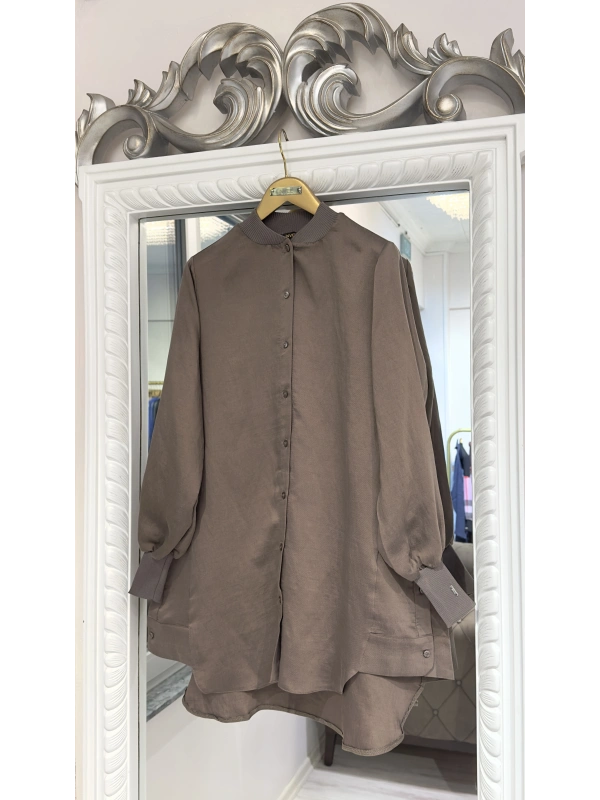 İNVEE Düğme Detaylı Geniş Gömlek - Vizon