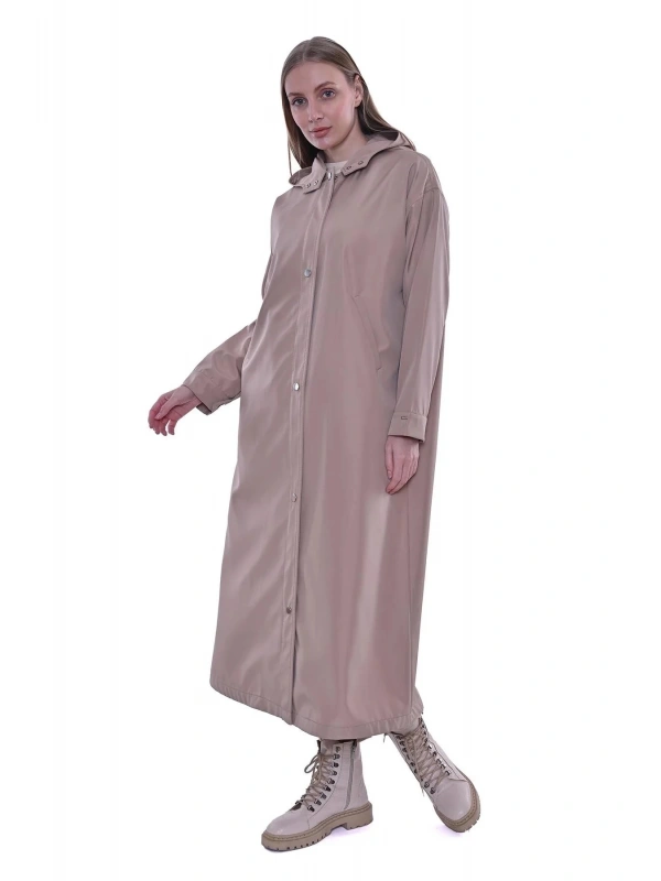 İNVEE Kapüşonlu Uzun Yağmurluk - Bej