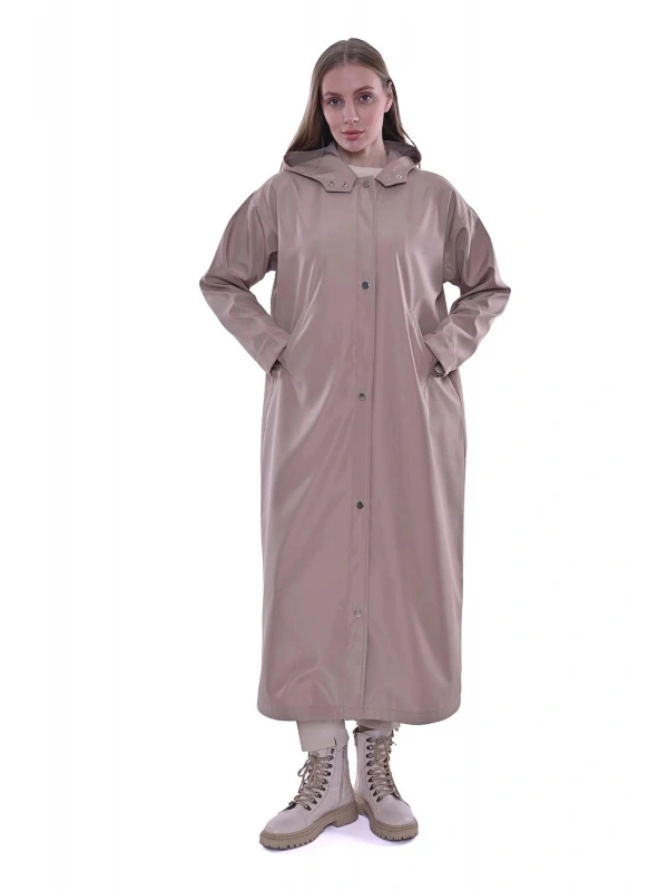 İNVEE Kapüşonlu Uzun Yağmurluk - Bej