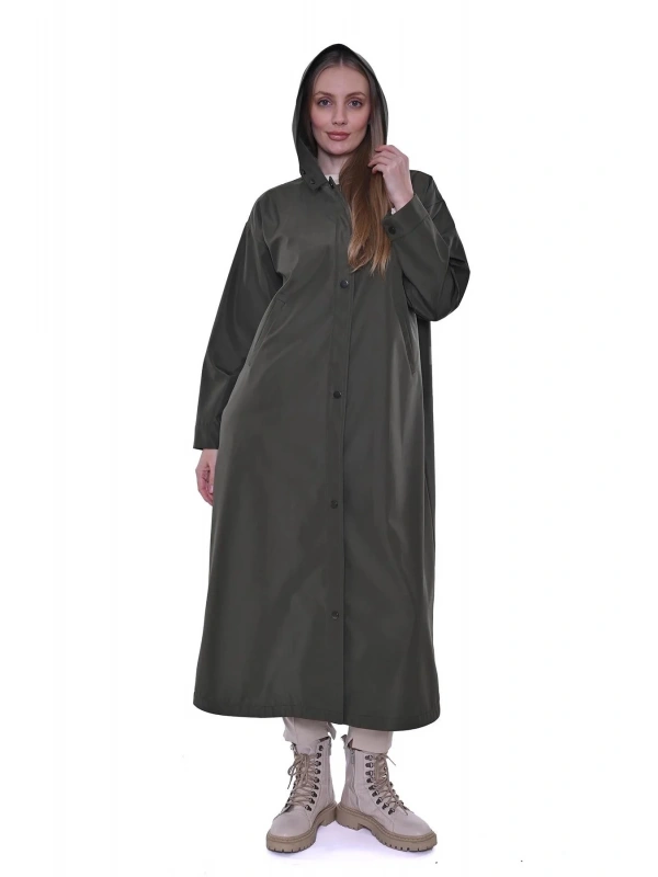İNVEE Kapüşonlu Uzun Yağmurluk - Haki