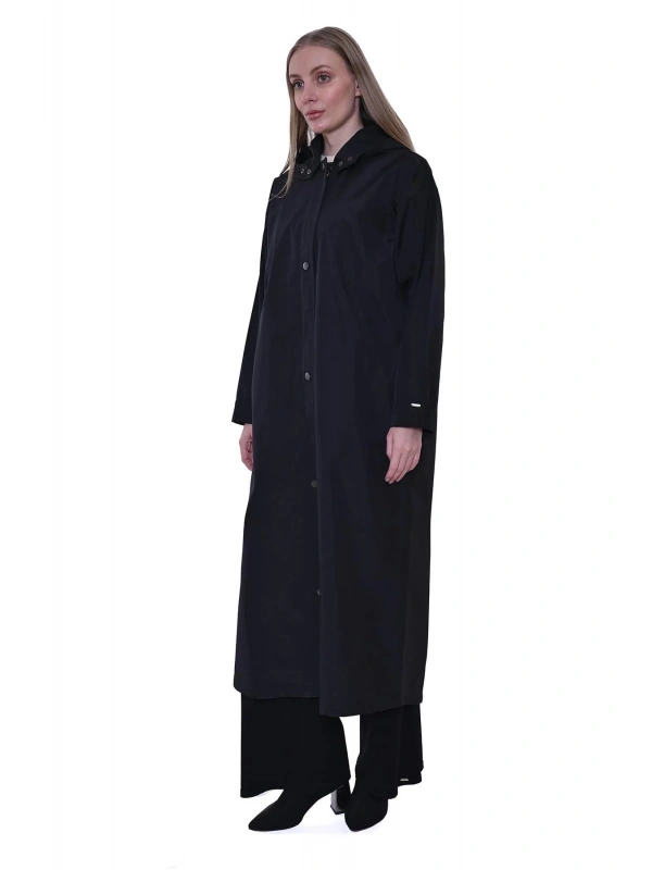 İNVEE Kapüşonlu Uzun Yağmurluk - Siyah