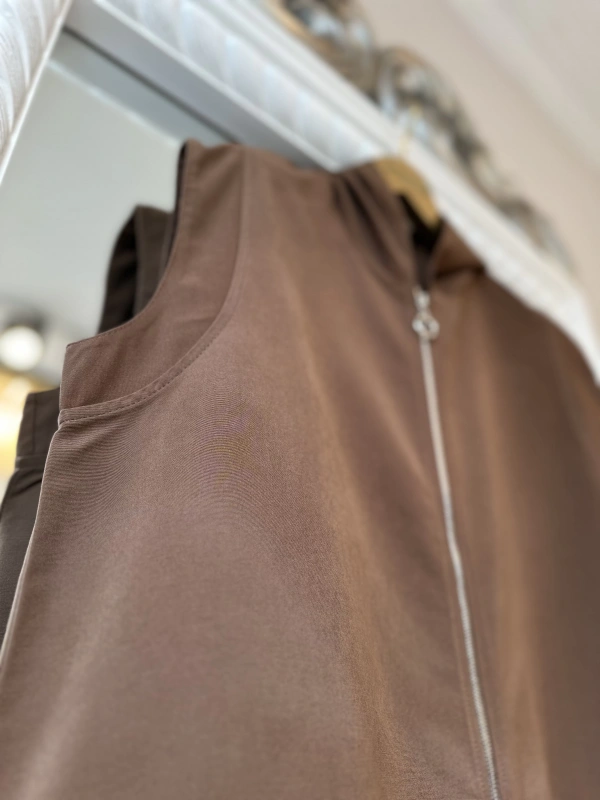 İNVEE Kapüşonlu Uzun Yelek - Kahverengi