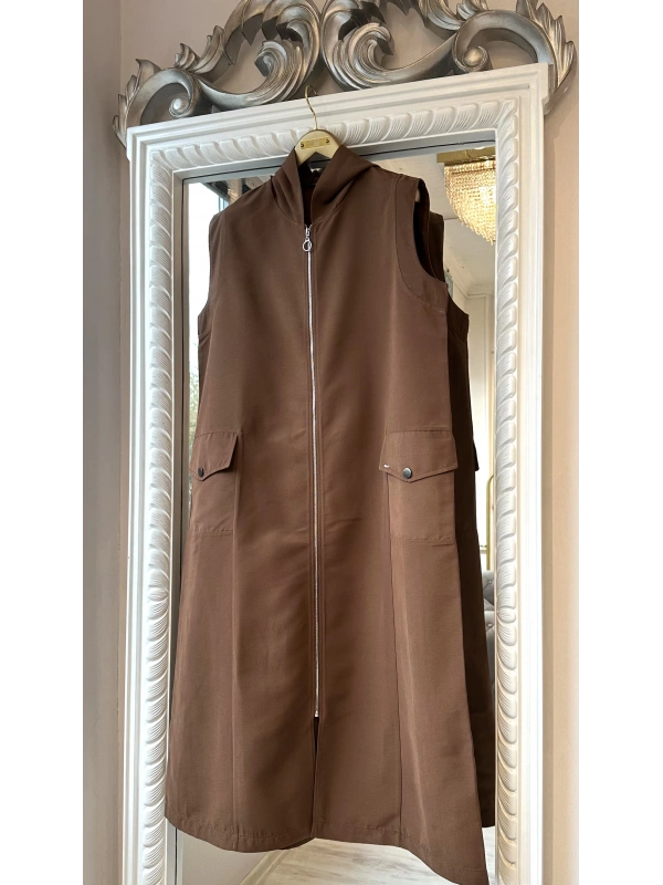 İNVEE Kapüşonlu Uzun Yelek - Kahverengi