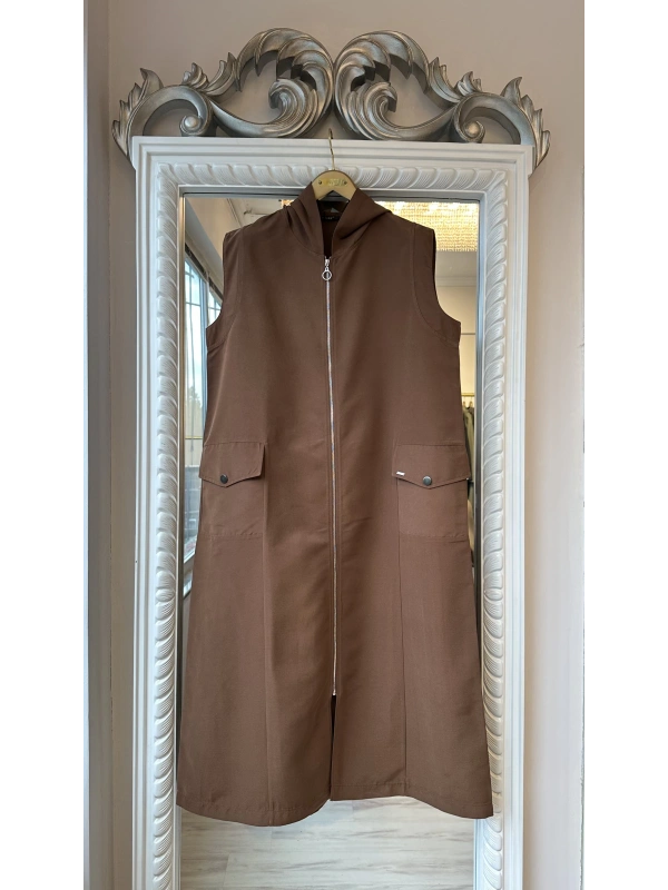 İNVEE Kapüşonlu Uzun Yelek - Kahverengi