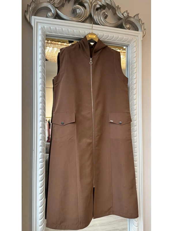 İNVEE Kapüşonlu Uzun Yelek - Kahverengi